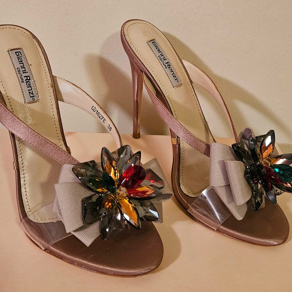 Gianni Renzi Coture Open Toe High Heel Slides Sz 38 (US 8) Italian Champagne